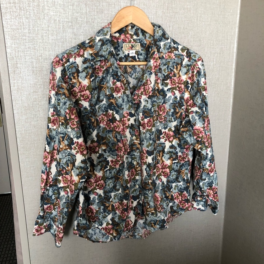 LL Bean retro floral flannel button down womens shirt large